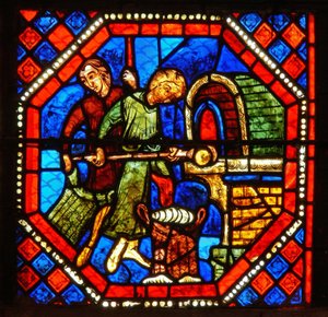 Détail du vitrail de Saint Jean : boulangers au travail