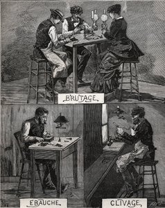 Taille de diamants, son, brut et clivage. Gravure de 1885 dans « Les arts et métiers illustrés » par Adolphe Bitard.