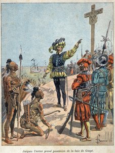 Découverte du Canada : Jacques Cartier (1491-1557), navigateur et explorateur français, prend possession de la baie de Gaspé et érige la croix le 24 juillet - French School