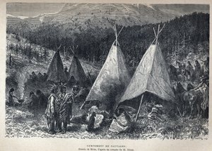 Camp indien américain avec tipis. Dessin de Riou d