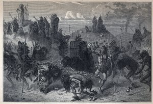 La danse du bison chez les Mandans. Gravure de la fin du XIXe siècle dans "La nouvelle France" par Eugène Guenin - French School