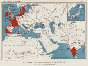 Distribution des dolmens en Europe (lithographie en couleur) - French School