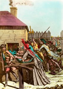 Distribution du pain du roi au Louvre en 1709 après le Grand Hiver, qui a provoqué la hausse du prix des céréales et de grandes famines. Gravure de la fin du XVIIIe siècle. Collection privée - French School