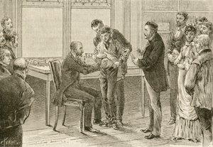 Le docteur Pasteur examinant un garçon infecté par la rage (gravure du XIXe siècle) - French School