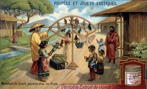 Poupées et jouets exotiques : marchand de jouets japonais dans la tribu Ainu (Aïnou) de Chishima. Chromolithographie des produits Liebig.
