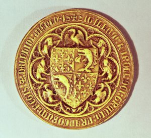 Sceau du Dauphin, le Bouclier de France, avec des dauphins et des fleurs de lys, 1376 - French School
