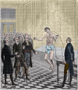 Le Dr Andrew Ure menant des expériences voltaïques sur le corps du meurtrier exécuté, Clydesdale, en 1818 - Expérience par Andrew Ure (1778-1857) sur un cadavre - Gravure dans « Les sciences mises à la portée de tous - physique et chimie » par Alexis Clerc