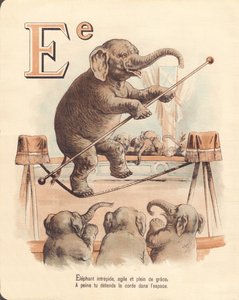 E: Éléphant, équilibriste intrépide, agile et plein de grâce, détend à peine la corde dans l