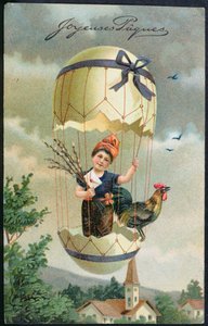 Carte postale de Pâques représentant un enfant dans un œuf, vers 1905