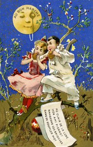Manger des brioches à la lumière de la lune, carte promotionnelle pour les magasins Au Bon Marché à Paris, vers 1890