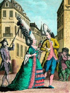 Coiffures excentriques au XVIIIe siècle: la Française en promenade. Gravure du XVIIIe siècle. Collection privée. - French School