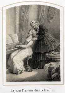 Éducation des jeunes filles de bonnes familles : une jeune Française assise au piano est reprise par sa gouvernante. Gravure anonyme du XIXe siècle