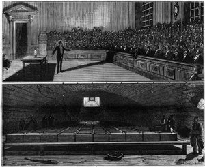 Expérience de lumière électrique réalisée en 1813 par Humphry Davy (1778-1829), dans son cours de chimie à la Royal Institution de Londres (Angleterre). Gravure dans « La Nature. Revue des sciences et de ses applications aux arts et à l