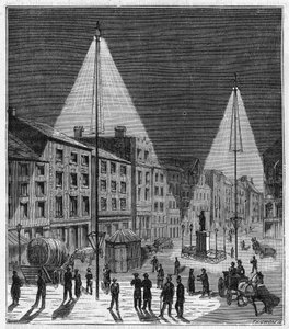 Éclairage électrique de la ville de Norwich en Angleterre au 19e siècle - gravure dans "Sciences à la portée de tous - physique et chimie populaires" par Alexis Clerc - fin du 19e siècle - French School