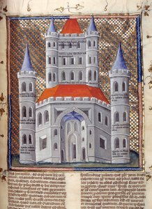 Élévation de la façade du Temple de Salomon à Jérusalem Miniature tirée de « Commentaires de la Bible » par Nicholas de Lyre (13ème siècle) 14ème siècle Cambrai, bibliothèque municipale
