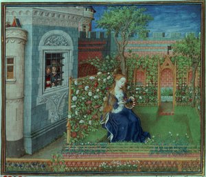 Émelye dans son jardin. Les chevaliers emprisonnés Palamon et Arcite, des Heures du Duc de Bourgogne
