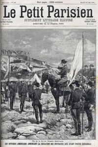 Fin de la guerre hispano-américaine en 1898. Officiers américains annonçant la cessation des hostilités aux avant-postes espagnols. Gravure dans « Le Petit Parisien » de 1898.