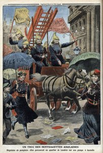 Les suffragettes anglaises déguisées en pompiers, tiré de « Le Petit Journal », 3 avril 1910 (gravure)