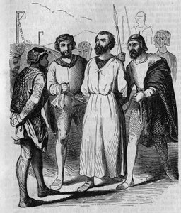 Enguerrand de Marigny chambellan et ministre du roi Philippe IV le Bel marchant vers la torture en 1315. Gravure du 19ème siècle.