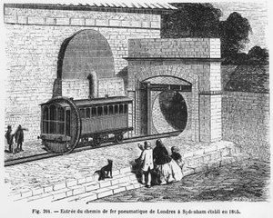 Entrée du chemin de fer pneumatique de Londres à Sydenham, établi en 1865 - dans « Les Merveilles de la Science », par L. Figuier