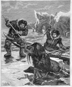 Esquimaux - pêche au morse - Esquimaux - pêche au morse en 1888 - gravure dans "Journal des Voyages" 1888