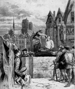 Esmeralda donnant à boire à Quasimodo sur la Place de Grève. Illustration de "Notre Dame de Paris" de Victor Hugo (1802-1885). Gravure de 1879.
