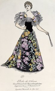 Robe de soirée en damas avec brocart de chrysanthème sur fond noir, 1894 - French School