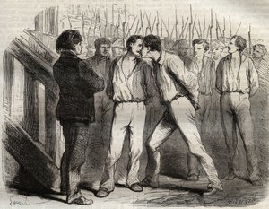 Exécution des quatre sergents de La Rochelle le 21 septembre 1822 : Bories, Raoulx, Gaubin, Pommier - Raoulx, qui devait passer le premier, demanda à embrasser ses camarades - Gravure dans « Causes célèbres de tous les peuples » par Armand Fouquier
