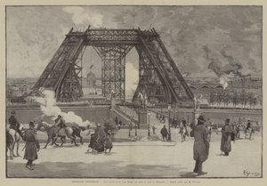 Exposition Universelle, Etat actuel de la tour Eiffel, vue prise du parc du Trocadero (engraving)
