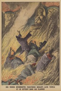 Moines bouddhistes fanatiques brûlant leur temple et se jetant dans les flammes sur l