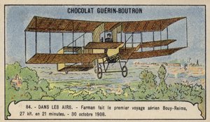 Farman effectuant le premier vol en avion à travers la campagne en Europe, de Bouy à Reims, France, 30 octobre 1908 - French School