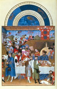Fac-similé de janvier : scène de banquet par les frères Limbourg, du Très Riches Heures du Duc de Berry - French School