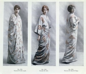 Planches de mode montrant des dessins de kimonos, illustrations du Jardin des Modes Nouvelles, 15 avril 1913 - French School