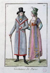 Mode sous le Directoire : un couple de Parisiens élégants. Lithographie anonyme de 1795. Paris, musée du costume