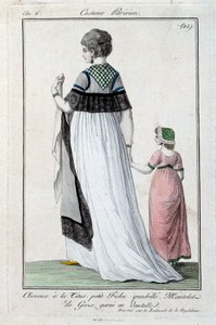 Mode sous le Directoire : jeune élégante parisienne portant la coiffure Titus, manteau de gaze avec dentelle. 1797. Paris, musée du costume