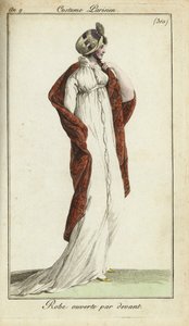Femme à la mode avec un chapeau de paille, une robe et un châle - French School