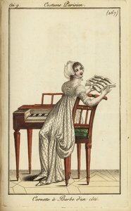 Femme à la mode jouant du clavecin