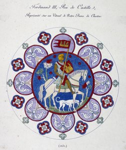 Fernand III, roi de Castille, représenté sur un vitrail de Notre-Dame de Chartres (1252). Similitude collégiale.