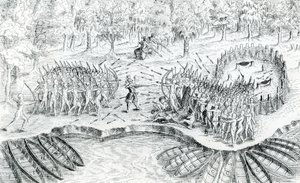 Combat des Hurons, tiré du Voyage de Champlain en 1624 par Samuel de Champlain