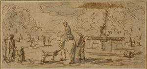 Figures marchant et à cheval dans un parc - French School