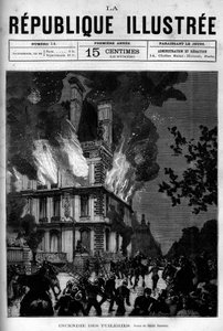 Incendie du Pavillon de Flore aux Tuileries à Paris. Un journal. Gravure de 1880 dans « La république illustrée » collection privée.