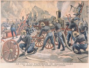 Pompiers combattant un incendie dans une papeterie à Ballancourt, de Le Petit Journal, 1905