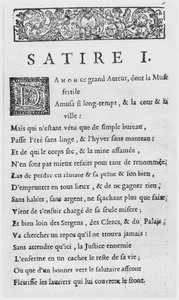 Première page des Satires de Nicolas Boileau, dit Boileau-Despréaux, publiée en 1685