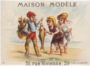 Pêcheur montrant la prise du jour aux filles - French School