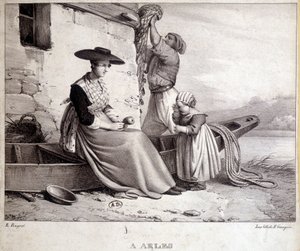Pêcheur, sa femme en costume régional et leur enfant à Arles - French School
