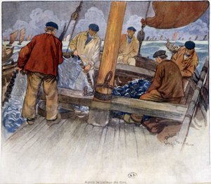 Pêcheurs vidant un filet à bord - French School