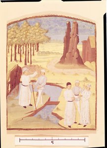 Cinq personnes discutant de la conception de jardins, du Livre des Prouffitz Champestres par Pietro de Crescenzi
