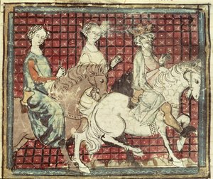 Fol.31r Chilpéric Ier (543-97) et Frédégonde à cheval, des Grandes Chroniques de France, 1375-79 - French School