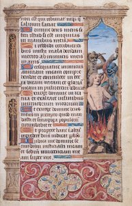 Fol.67r Page de texte avec une bordure détaillant un homme torturé par deux démons, de "Heures de l"Usage de Rome" - French School