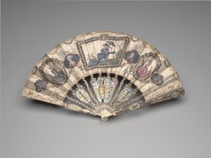 Éventail pliant avec une scène de chinoiserie, portraits, figures pastorales et natures mortes, vers 1780s